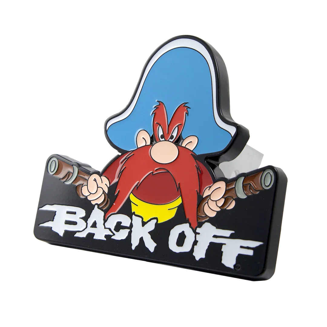 002231R01 – PLASTICOLOR Trailer Hitch Cover, Fits 2 Inch Receiver Yosemite Sam Back Off Black/Blue/Red/Orange Metal